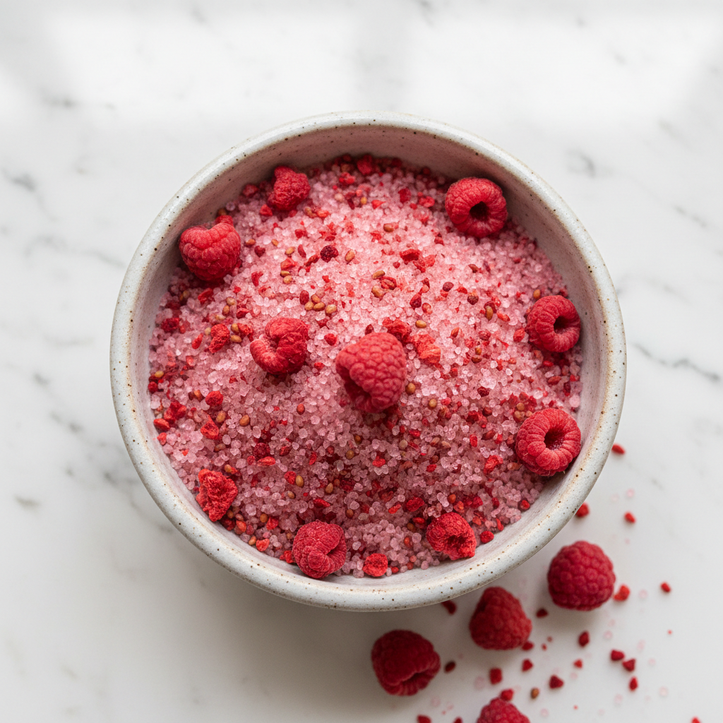 Gourmet raspberry sugar with freeze dried raspberries in ceramic bowl overhead shot