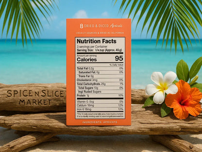 Dried apricots nutrition facts label on beach with tropical flowers and ocean background