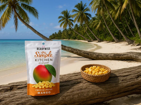 Freeze-dried mango snack pouch and basket on tropical beach with palm trees