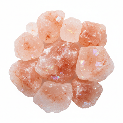 Crystal Pink Salt Diamonds macro close-up showing large geometric pink crystal formations with sparkling light