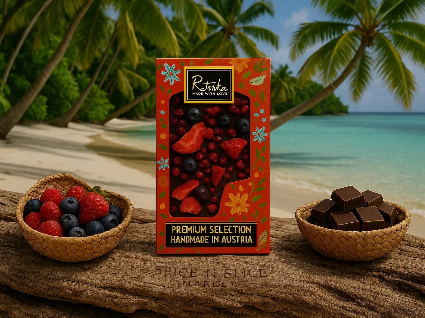 Premium selection handmade chocolate with dried berries on a tropical beach with fresh berries and chocolate pieces