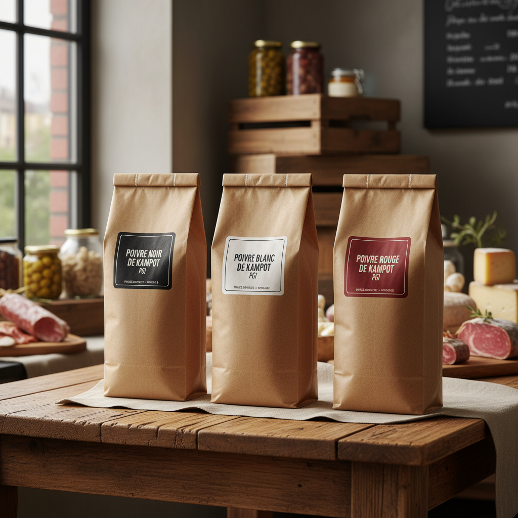 Kampot pepper trio wholesale France three kraft paper bags black white red PGI on rustic wooden table