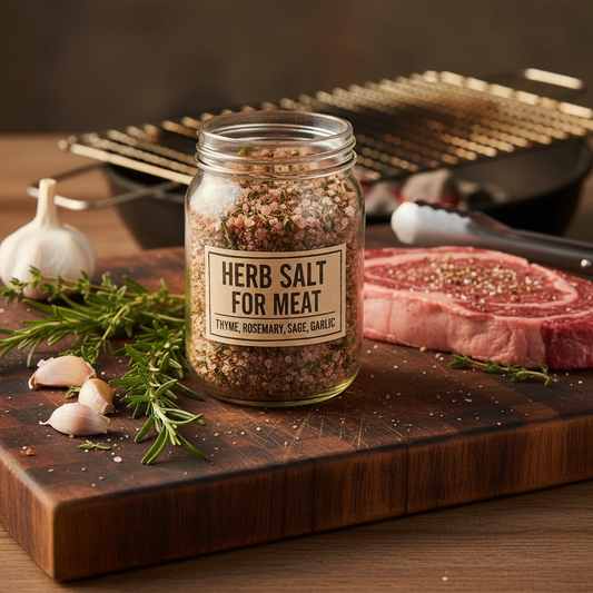 Herb salt meat seasoning jar in rustic BBQ kitchen with rosemary, thyme and garlic