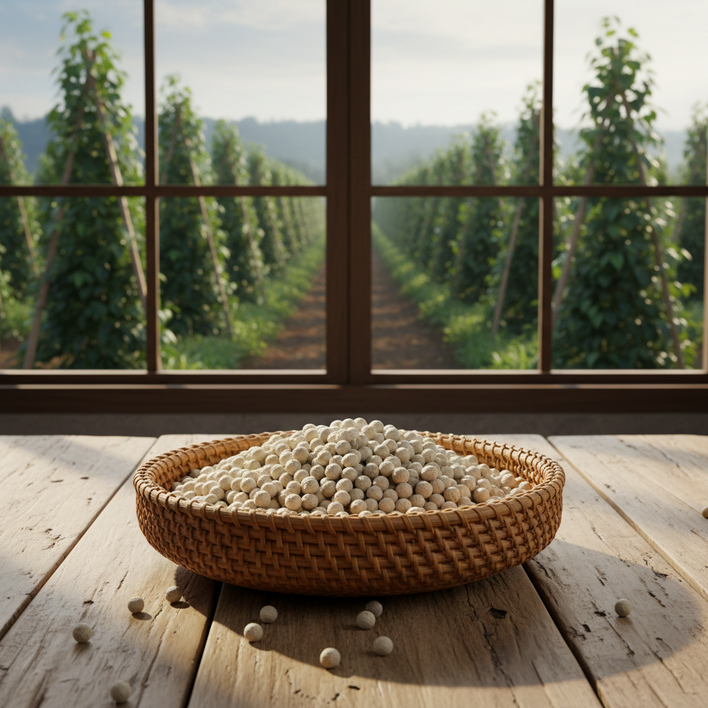 Organic Kampot white pepper PGI in handwoven rattan bowl rustic wooden table farm background