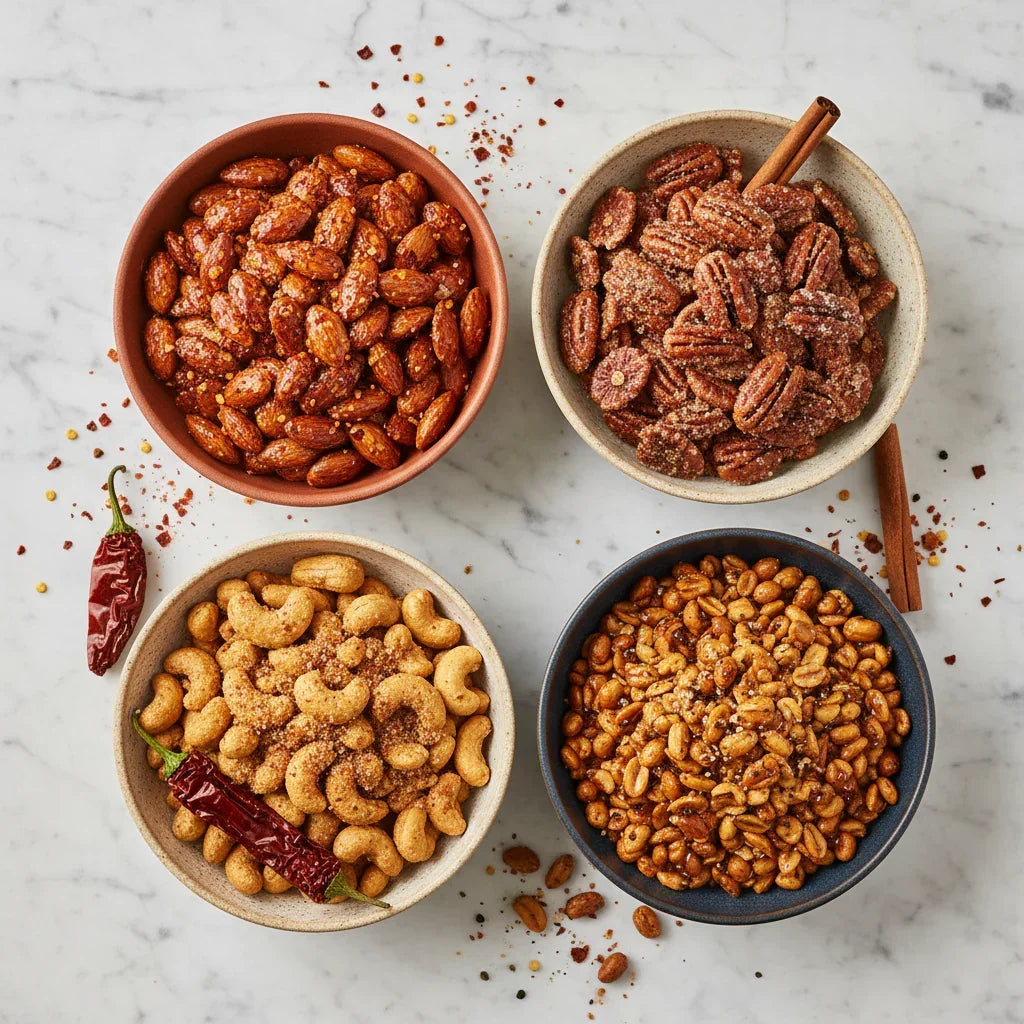 Overhead view of four nut varieties in ceramic bowls