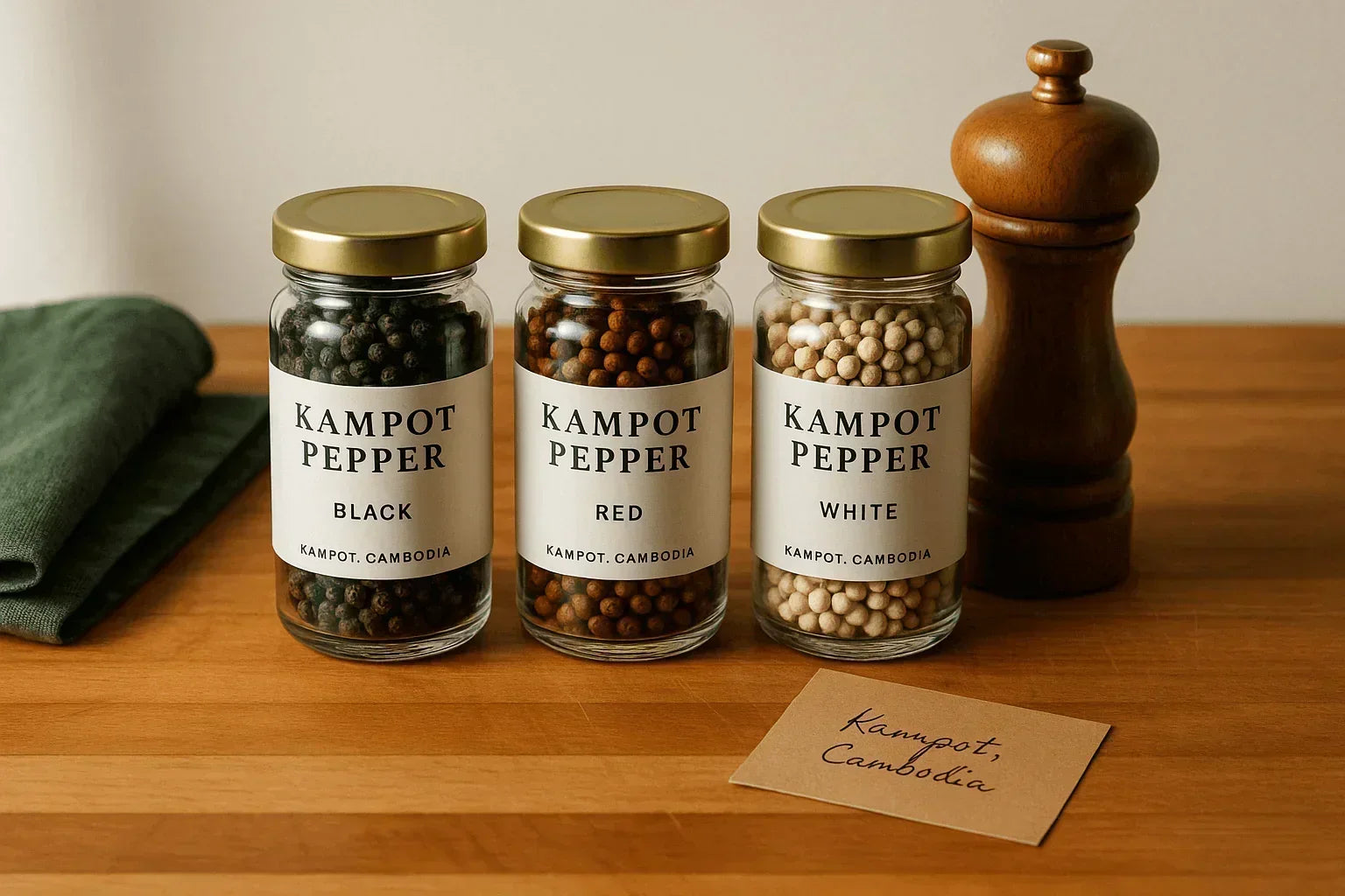Jars of black, red, and white Kampot pepper from Cambodia on a wooden kitchen counter