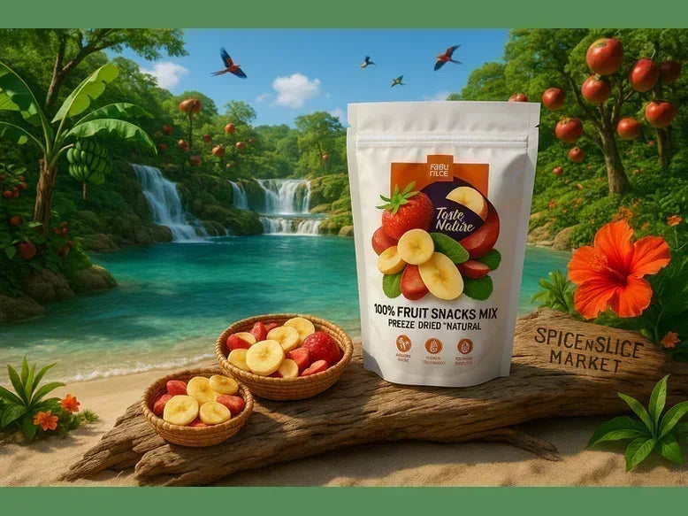 Freeze-dried fruit snacks mix with bananas and strawberries on a tropical riverside.