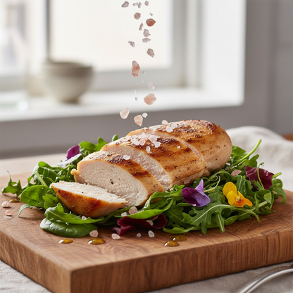 Crystal Pink Salt Diamonds sprinkled over grilled chicken breast with fresh salad greens