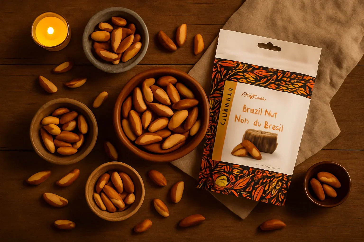 Brazil nuts in bowls and a colorful Brazil nut snack package on a wooden table