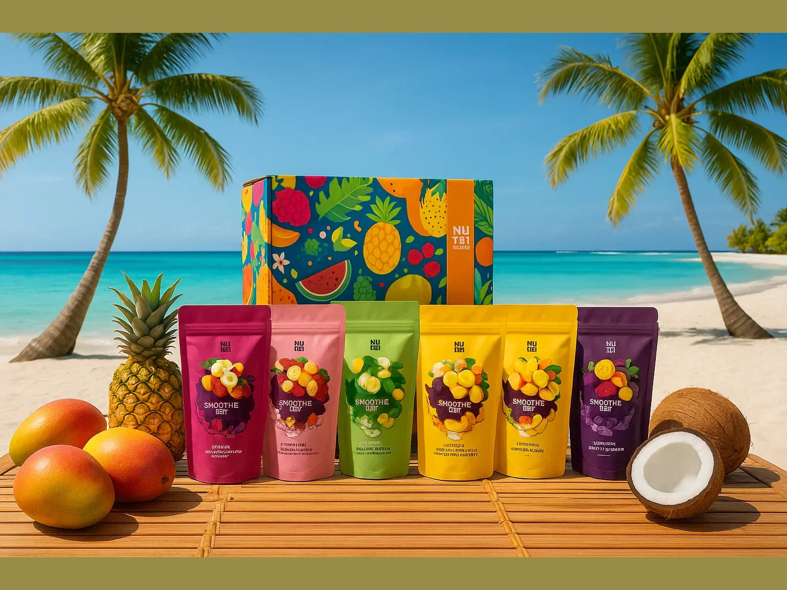 Assorted tropical dried fruit snack packs and fresh fruits on a beach with palm trees.