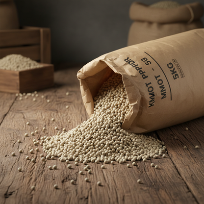 Wholesale bulk white Kampot pepper 5kg spilling from kraft paper bag on rustic wooden surface
