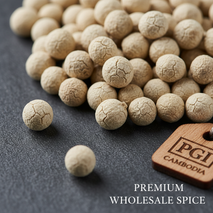 White Kampot pepper PGI macro close up creamy peppercorns texture on dark background