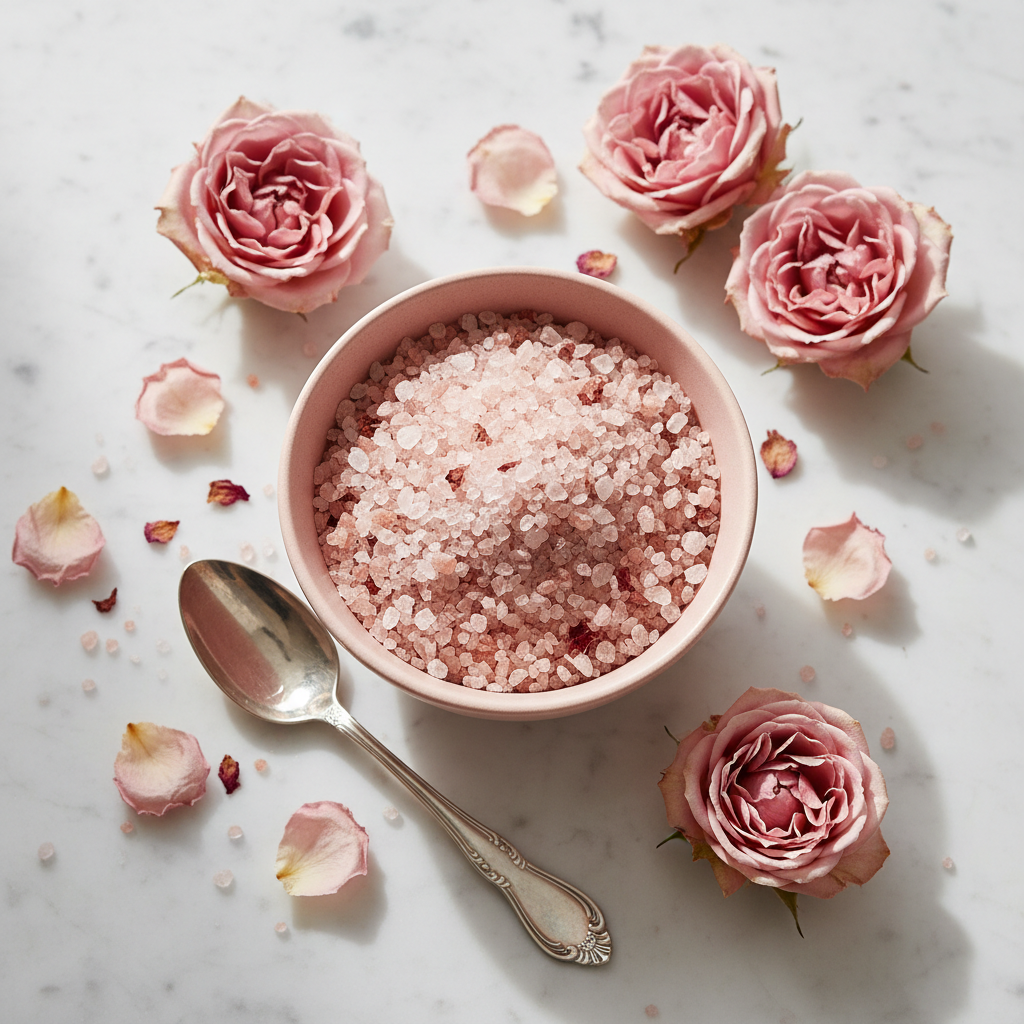 Rose Gourmet Salt in pink ceramic bowl on white marble with dried rose petals and fresh pink roses