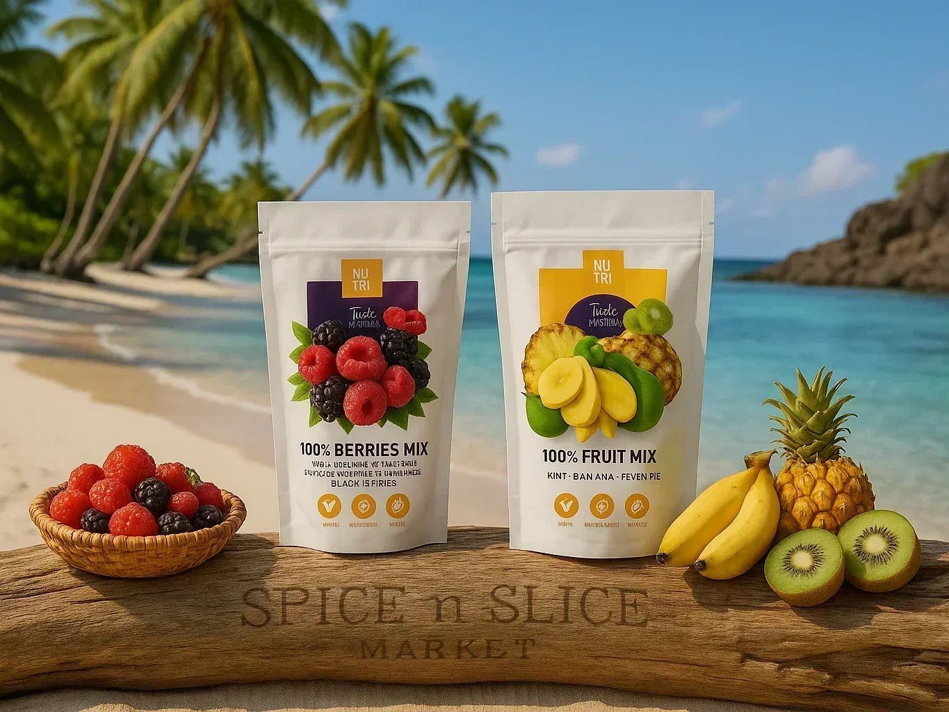 Tropical beach scene with NU TRI 100% Berries Mix and 100% Fruit Mix dried fruit pouches, surrounded by fresh berries, bananas, pineapple, and kiwi.