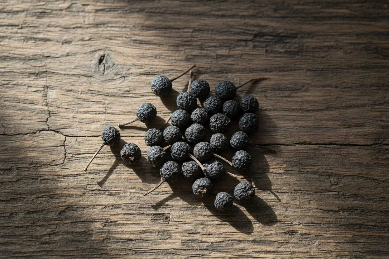 Whole dried PGI Kampot peppercorns on rustic wood, Spice n Slice Market gourmet spice