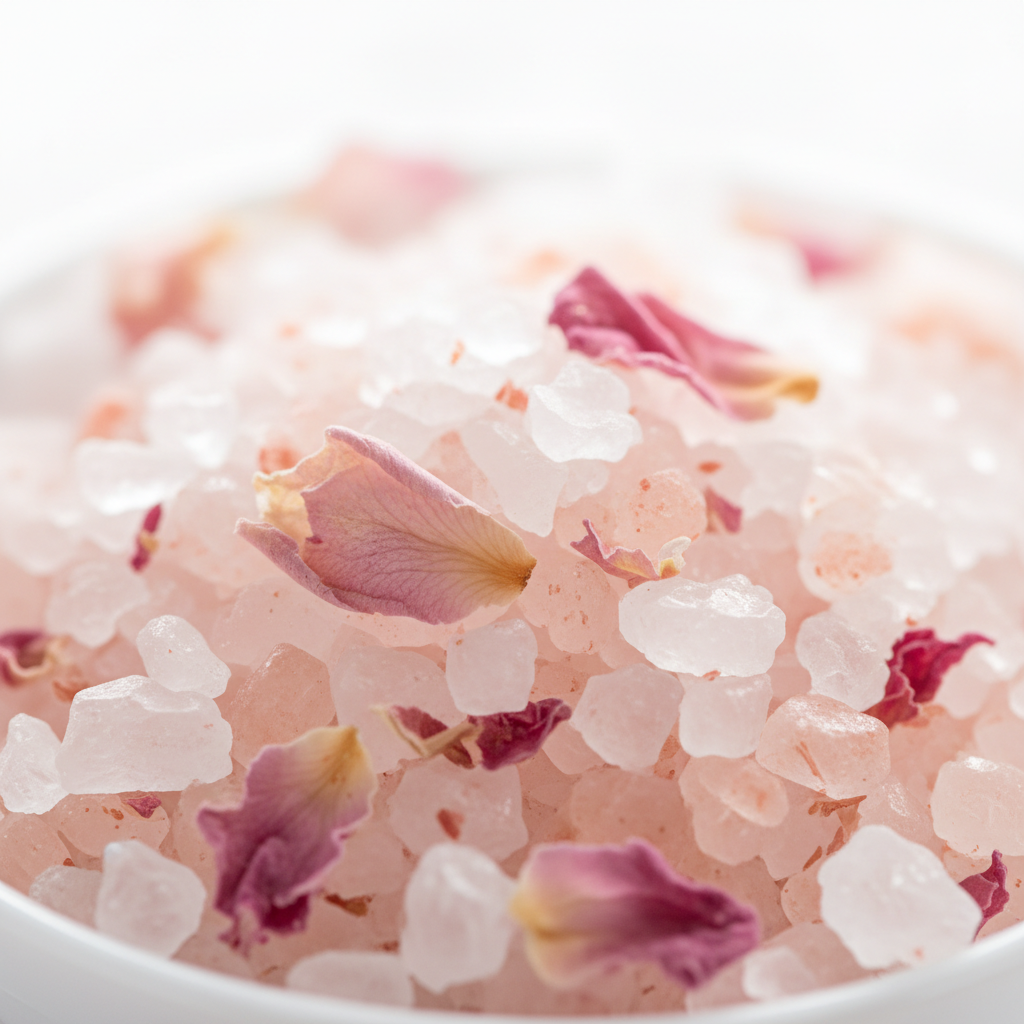 Rose Gourmet Salt crystals macro close-up with delicate pink rose petal fragments