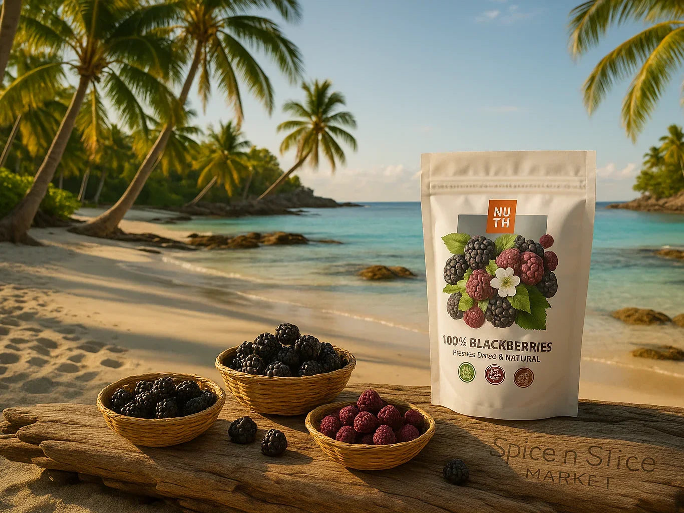 Organic dried blackberries in baskets and a resealable pouch on a tropical beach