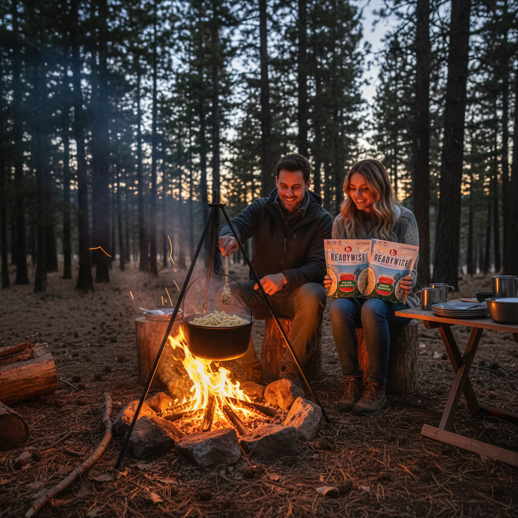 Couple camping in pine forest at dusk cooking creamy chicken pasta alfredo over campfire with Old Country Camp Meal pouches