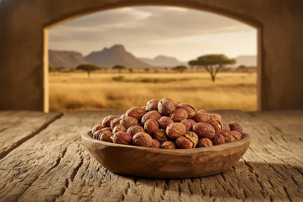Wooden bowl filled with dried peppercorns on rustic table, with savanna and mountains in background