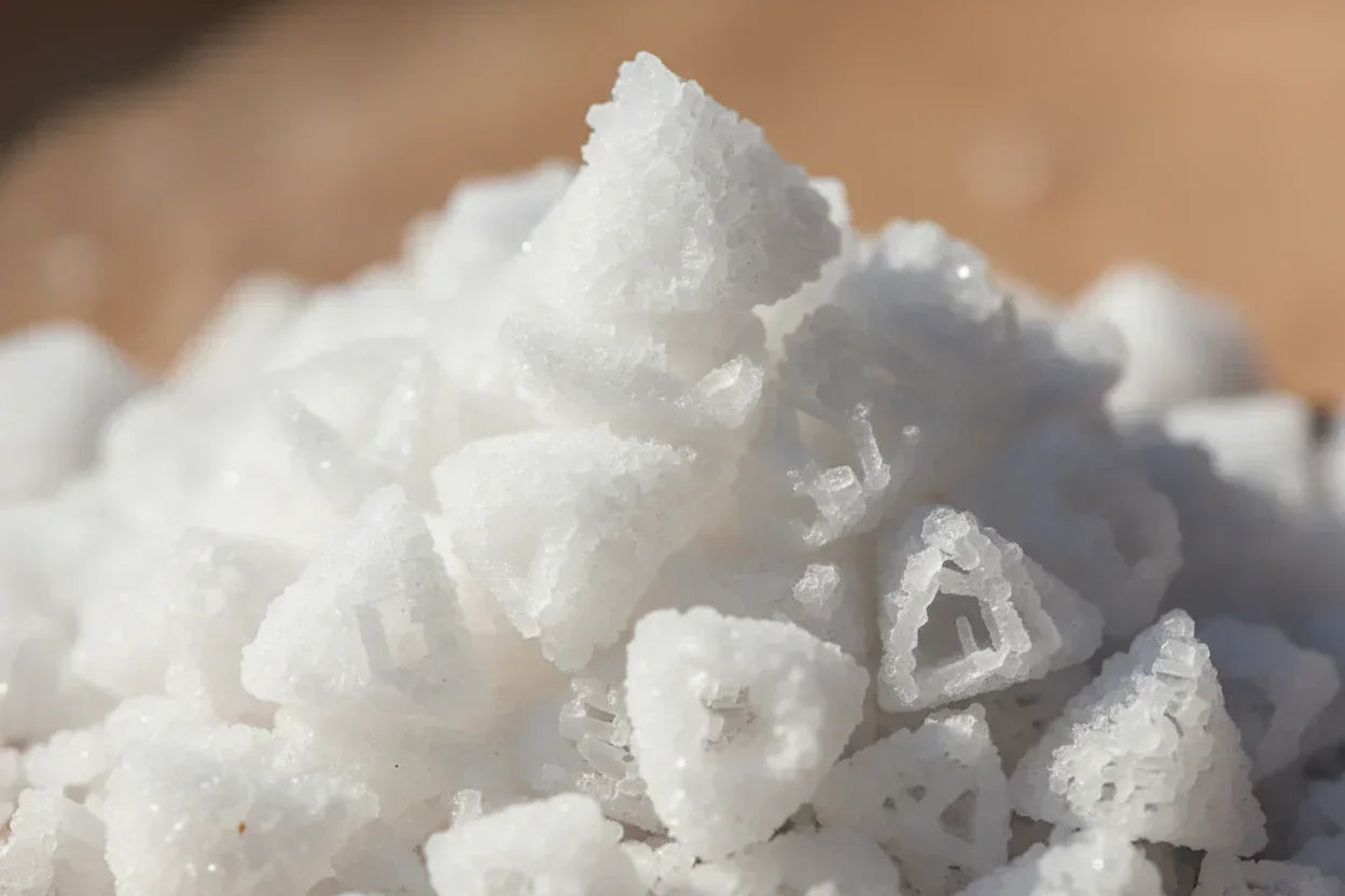 Close-up of natural pyramid sea salt crystals, artisanal gourmet salt