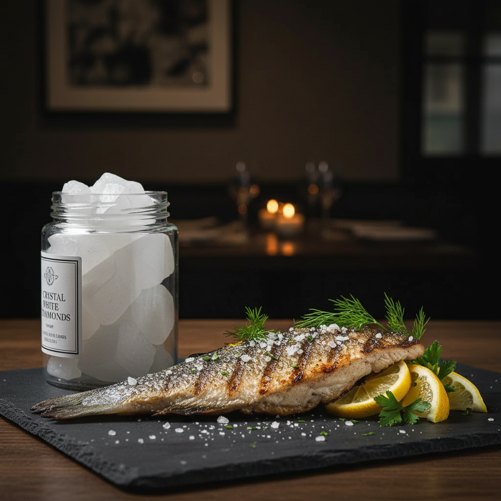 Crystal White Salt Diamonds jar beside grilled sea bass fillet on dark slate plate