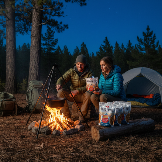 Campers cooking freeze-dried teriyaki chicken rice around a campfire at dusk in a forest clearing