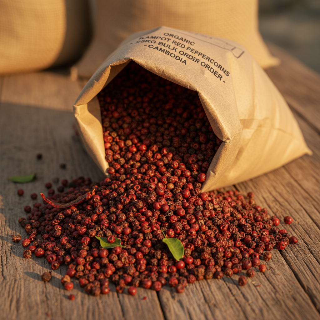 Organic Kampot red peppercorns poured from wholesale kraft paper bag onto rustic wooden surface
