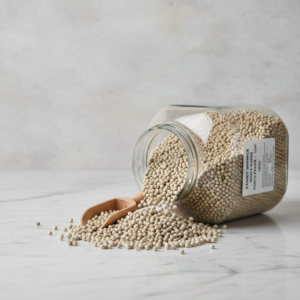 Wholesale Kampot white pepper PGI 10kg bulk peppercorns cascading from glass jar on marble