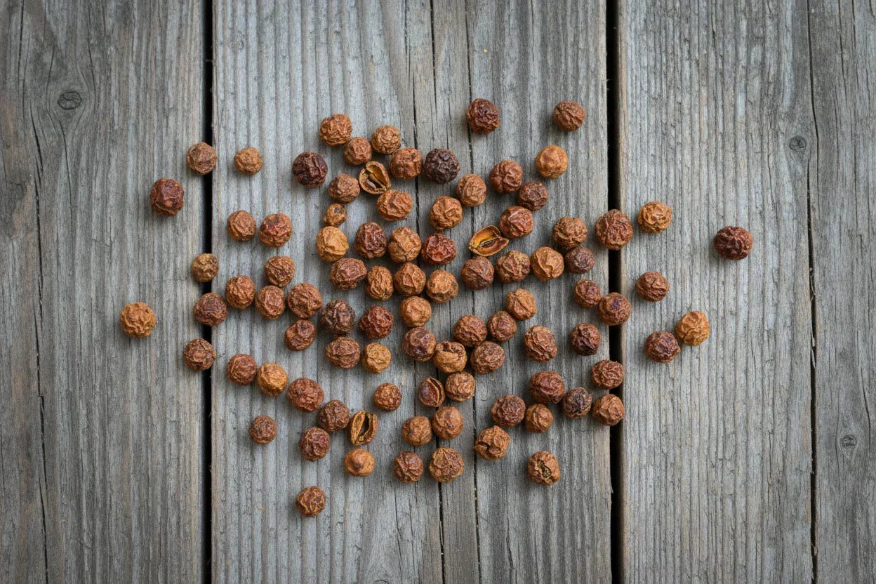Whole dried Kampot peppercorns on rustic wooden surface