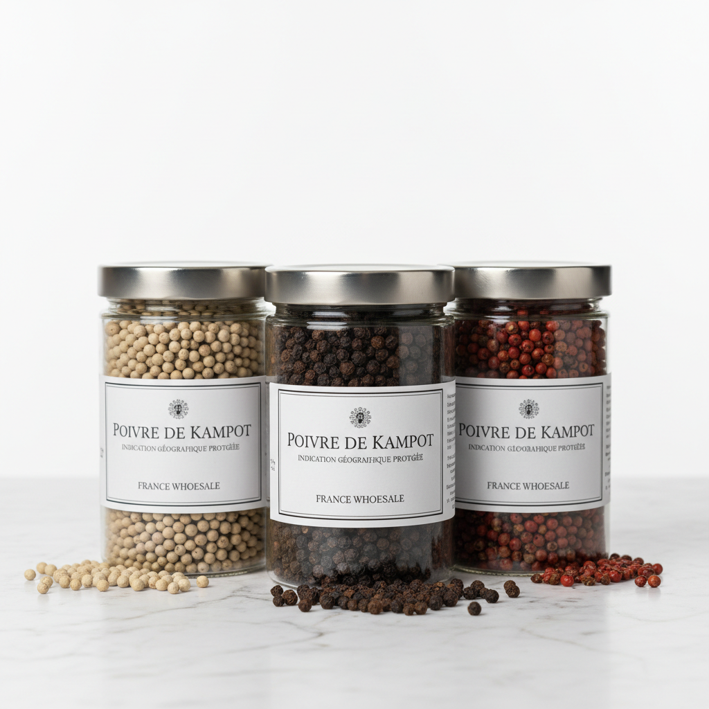 Kampot pepper trio 1kg bundle black white red peppercorns in three glass jars on marble surface