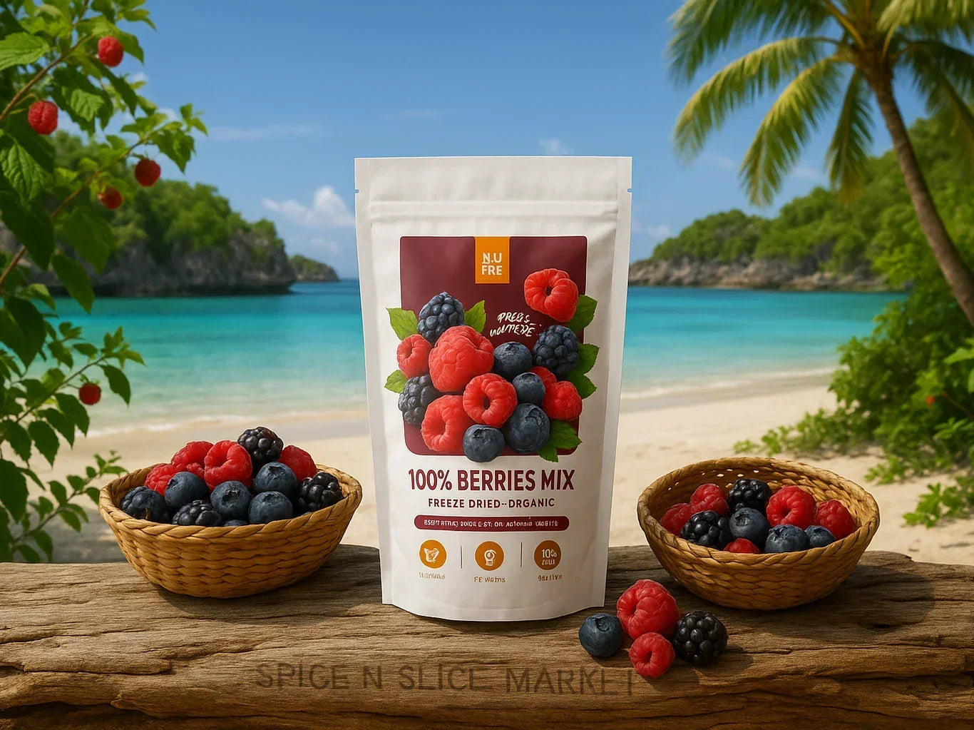 Organic freeze dried mixed berries pouch with fresh raspberries, blueberries and blackberries on a tropical beach.