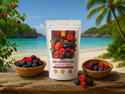 Organic freeze dried mixed berries pouch with fresh raspberries, blueberries and blackberries on a tropical beach.