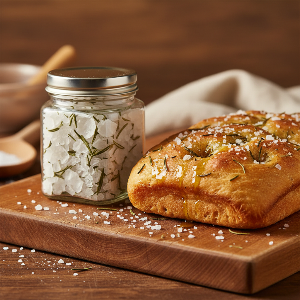 Rosemary crystal salt flakes jar beside freshly baked golden focaccia with olive oil