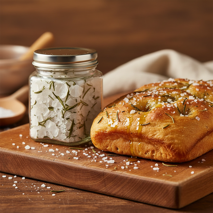 Rosemary crystal salt flakes jar beside freshly baked golden focaccia with olive oil