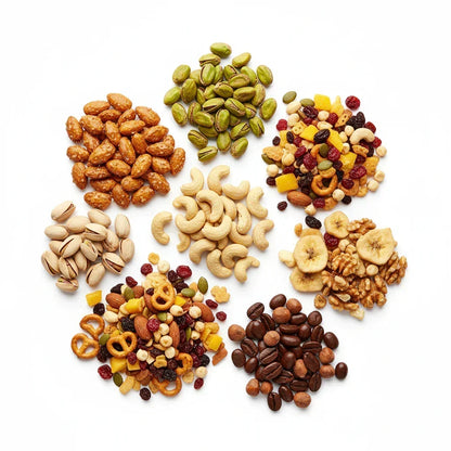 Artistic flat lay of six nut varieties