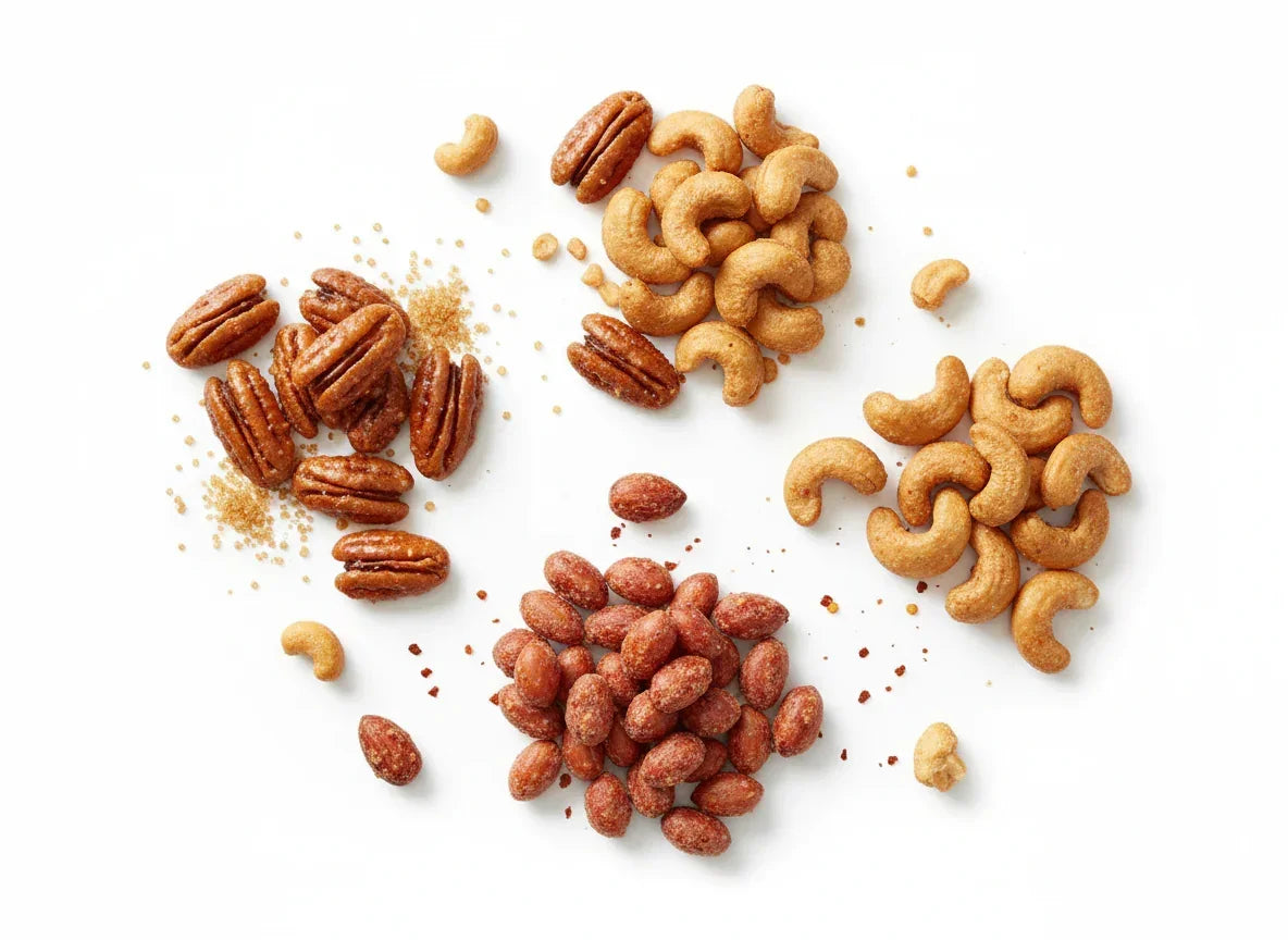 Artistic flat lay of four nut varieties