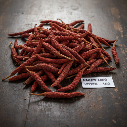 Red long pepper spikes Kampot Cambodia wholesale scattered on dark wooden surface