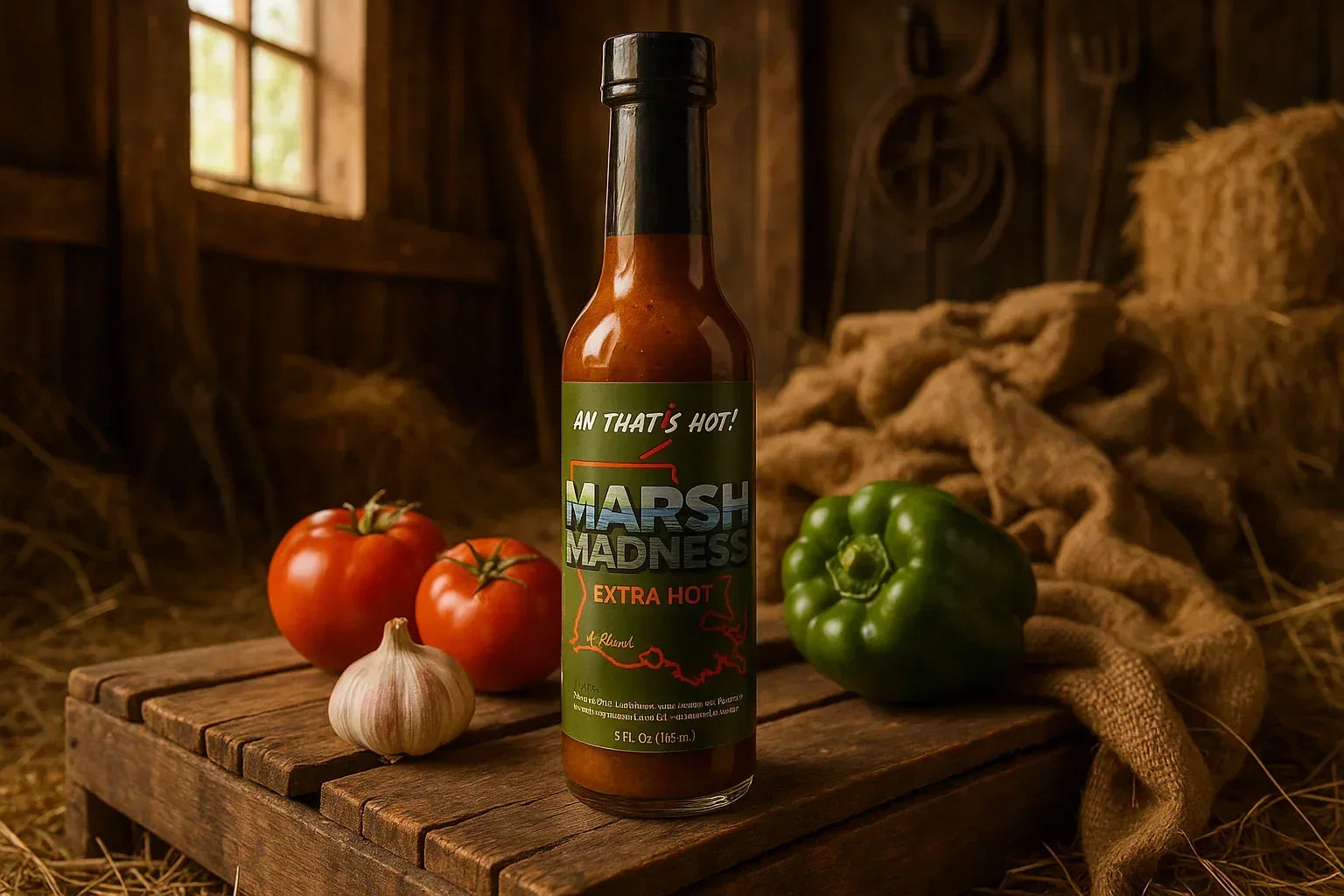 Bottle of extra hot Marsh Madness hot sauce with tomatoes, green bell pepper and garlic on rustic table