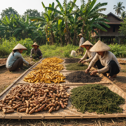 Cambodian spice farm turmeric roots and black pepper harvest on bamboo mat tropical sunshine