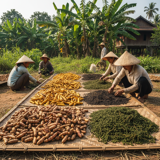 Cambodian spice farm turmeric roots and black pepper harvest on bamboo mat tropical sunshine