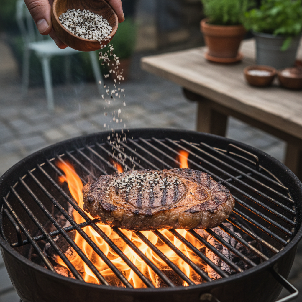 Black Summer Truffle Salt being sprinkled over grilled ribeye steak on BBQ