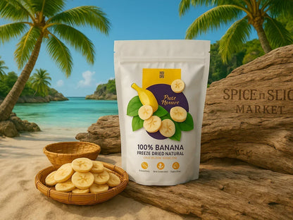 100% banana freeze dried snack in resealable bag with banana slices, tropical beach background