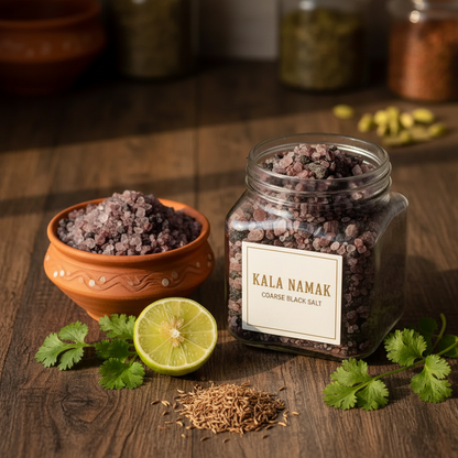 Kala Namak coarse black salt jar in Indian kitchen scene with coriander and cumin