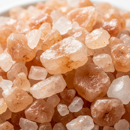 Inka Sunsalt coarse Peruvian pink salt crystals macro close-up with warm golden-pink mineral tones
