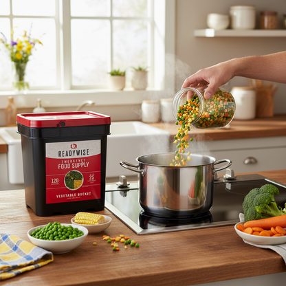 Colorful freeze-dried vegetables being rehydrated in kitchen pot with 120 serving vegetable bucket on counter and fresh vegetables nearby