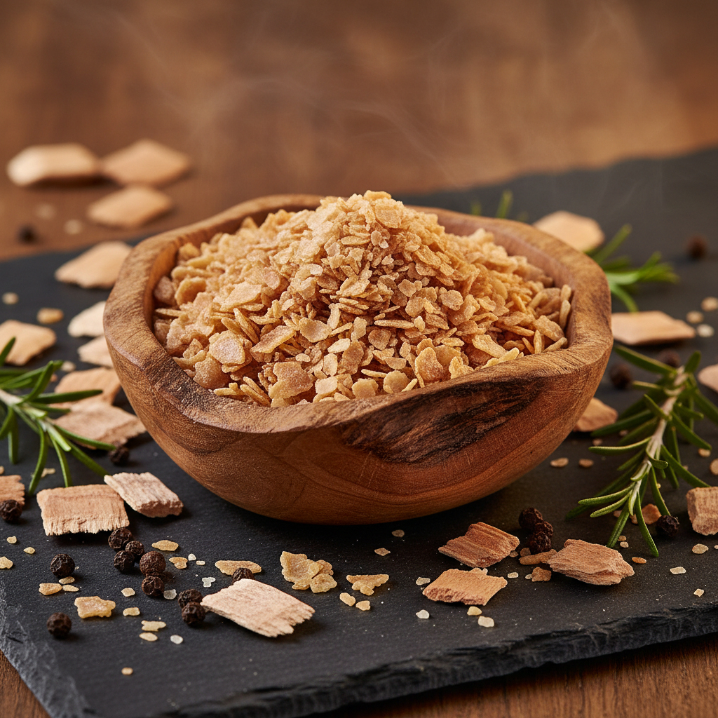 Smoked Beech Salt Flakes in rustic wooden bowl on dark slate with beech wood chips and rosemary