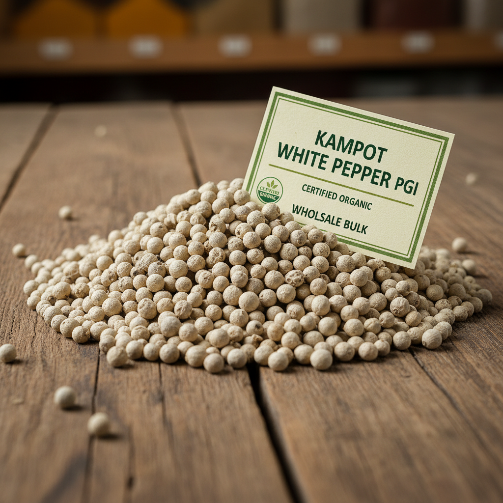 Organic Kampot white pepper PGI wholesale bulk pile on rustic wooden surface clean natural light