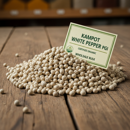 Organic Kampot white pepper PGI wholesale bulk pile on rustic wooden surface clean natural light