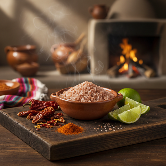 Chipotle Gourmet Salt in rustic clay bowl on dark wooden board with dried chipotle peppers and lime wedges