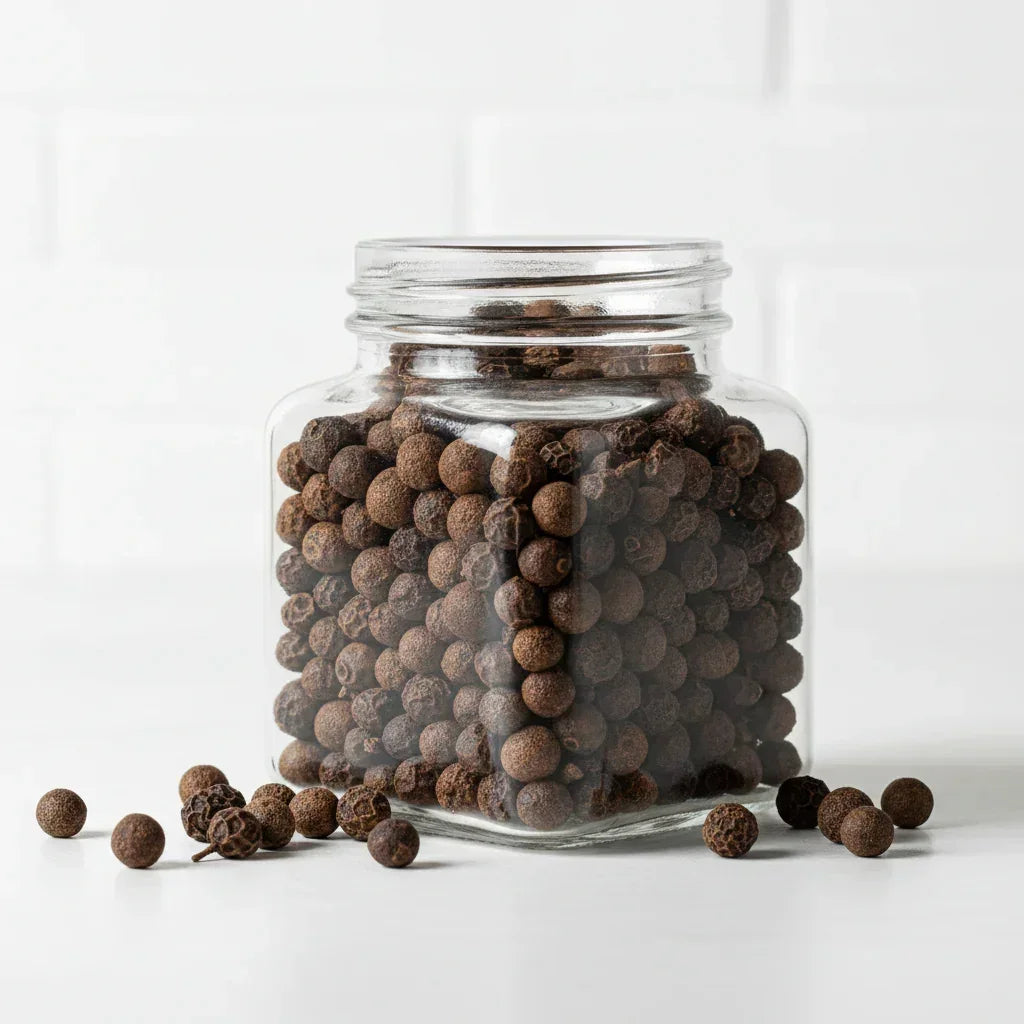 Glass jar filled with whole black peppercorns on white background, some peppercorns scattered